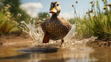a duck gracefully leaps through a water puddle, captured in a stunning vray-traced image. this hyper-detailed rendering showcases the realistic beauty of the scene. the photograph, taken with a wollensak 127mm f47 ektar lens, captures the charm of the duck's movement. the wild brushstrokes add an artistic touch to this captivating duckcore moment, evoking a sense of prairiecore aesthetics. ai generatedの素材