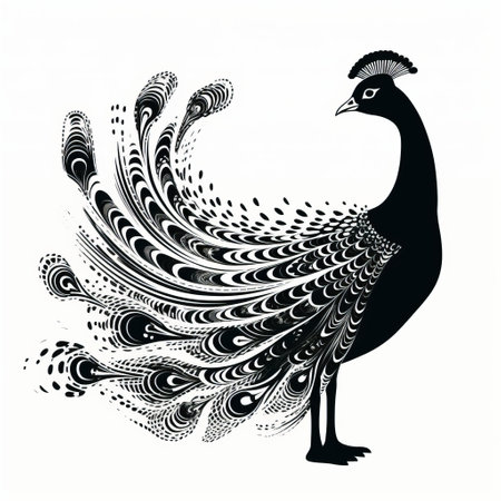 a black peacock silhouette, showcasing monochromatic graphic design, contemporary indian art, and whimsical characters. this intricate pencil art illustration features graffiti-inspired animals and stunningly detailed costumes. ai generatedの素材