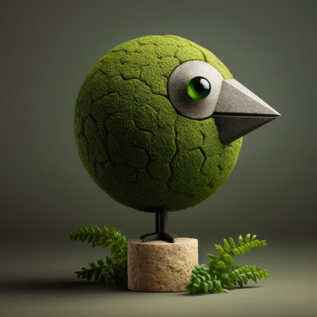 a green bird perches on a rock in this rendered image by object portraiture specialist filip hodas. the intricate details and botanical accuracy of the bird's features showcase hodas' expertise in industrial and product design. the vibrant colors and realistic textures bring the bird to life, capturing the viewer's attention. ai generatedの素材