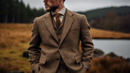 a man in a tweed suit stands by a pond, exuding the timeless charm of golden age aesthetics. the intricate celtic knotwork design on his suit complements the light brown and dark beige tones. each piece is a unique and one-of-a-kind creation, showcasing the exacting precision and polished craftsmanship. the man's strong facial expression adds to the captivating allure of the photo. ai generatedの素材