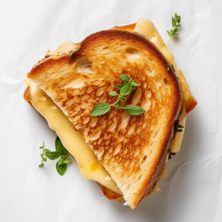 grilled cheese sandwich on a white background, seasoned with herbs, and styled in the unpolished authenticity of charles willson peale. the photo features split toning, striped elements, and the artistic touch of stephen shortridge, with hidden details packed throughout. ai generatedの素材
