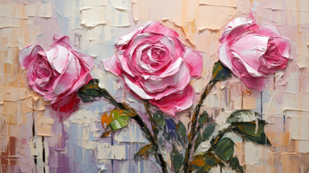 three pink roses painted on a canvas by michael elphick, showcasing palette knife impressionism. this uhd image captures the beauty of traditional oil-painting techniques, resulting in a close-up view of delicate compositions. the artwork also exhibits elements of sculptural painting and mural painting. ai generatedの素材