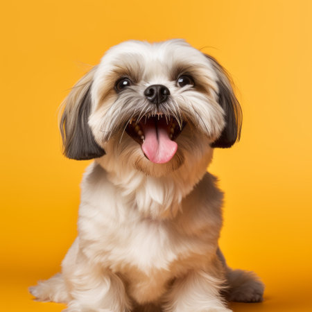 a white dog with lively facial expressions sits on a vibrant yellow background. the photo is captured in a large format lens, showcasing the dog's charming personality. the composition is reminiscent of mote kei style, with a chromatic joy of light yellow and dark orange tones. the overall effect is darkly comedic, akin to a persian miniature. ai generatedの素材