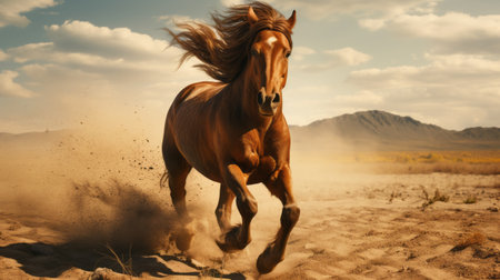 a horse galloping in dust, captured in the style of iconic imagery. the vray tracing enhances the brown and amber tones, creating a photo-realistic portrayal of the horse's unpredictable and lively movement. the wide angle lens adds depth and perspective to this captivating scene. ai generatedの素材