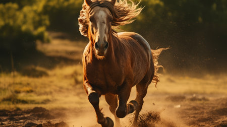 a beautiful horse with a light orange and light maroon coat runs across a countryside field. this iconic imagery captures the dynamic energy of the horse in motion. the photo, a contest winner, showcases the kimoicore style and nature-inspired imagery. the dusty piles add an authentic touch to the rustic setting. ai generatedの素材