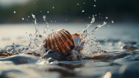 a seashell, captured in a unique tilt-shift style, is shown collecting rainwater over a body of water. this backlit photograph, created using innovative techniques like vray, highlights the emotion and naturalistic realism of the scene. it's no wonder this captivating image was a contest winner. ai generatedの素材