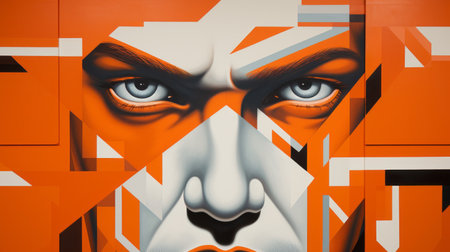 a graphic black and orange painting featuring a stylized shape, reminiscent of realistic hyper-detailed portraits. this epic portraiture showcases precisionist techniques with shiny eyes and a trace monotone effect. the mural painting captures sharp focus, creating a visually striking composition. ai generatedの素材