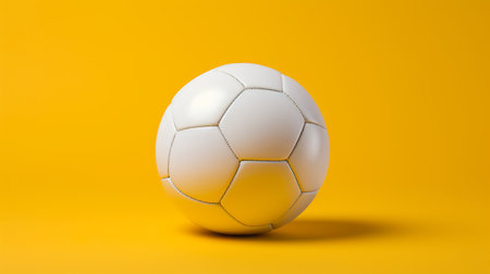 soccer ball on a vibrant yellow background, captured in a stunning 3d rendering. this stock photo by aofoto showcases the artistic style reminiscent of johnson tsang, with minimal retouching. the light silver and white tones, inspired by charles willson peale, create a bold and busy composition. shot on 70mm, the image features a captivating contrast of white and orange. ai generatedの素材
