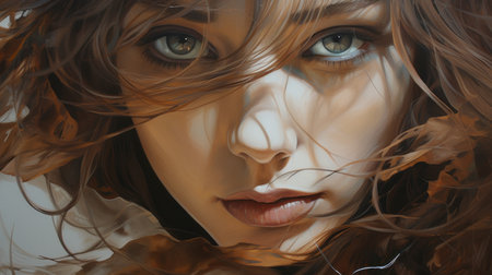 a female with long hair and striking green eyes is depicted in the style of heather theurer and josh adamski. the artwork showcases a blend of light orange and dark bronze tones, with blink-and-you-miss-it details. trapped emotions are skillfully portrayed, utilizing a distorted perspective reminiscent of richard phillips' work. ai generatedの素材