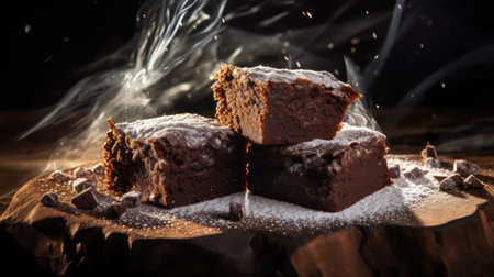 a cake with chocolate and cocoa sits on a sandy surface, exuding a hazy and dreamlike quality. the image showcases strong chiaroscuro and urban grittiness, while also highlighting traditional craftsmanship. glimmering light effects add to the overall dramatic atmosphere, enhanced by gritty reportage and a captivating sense of atmospheric perspective. ai generatedの素材