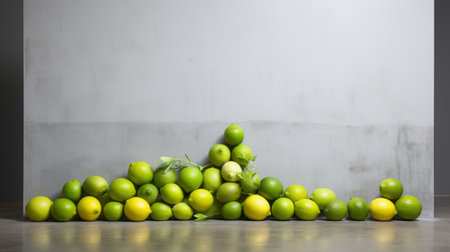 a pile of lemons sits on a concrete floor, showcasing a minimalist staging with a light green and silver color scheme. the bold chromaticity of the lemons adds a vibrant touch to the traditional mexican style. the kinetic installations and minimalist spare simplicity create a visually striking composition, emphasizing the green hues. ai generatedの素材