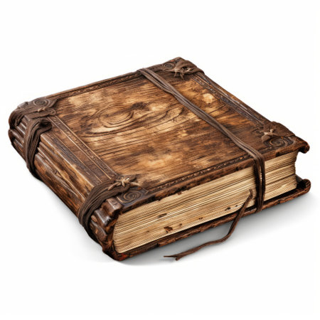an open book with leather tied around it is showcased on a white background, reminiscent of epic fantasy scenes. the design incorporates elements of carved wood blocks and historical illustration, creating a unique aesthetic. the composition also features quadratura, adding depth and dimension to the image. the mottled texture of the book adds to its vintage charm. this captivating photo utilizes a smilecore style, evokingの素材