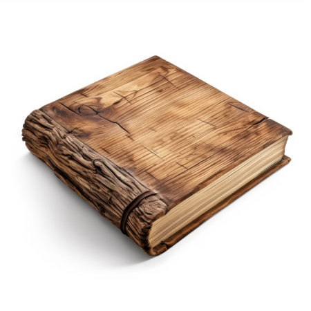 an old wooden book, isolated on a white background, showcases detailed character illustrations in a post-apocalyptic world. this 32k uhd image captures the creased and streamlined forms, creating eye-catching and lively tableaus. ai generatedの素材