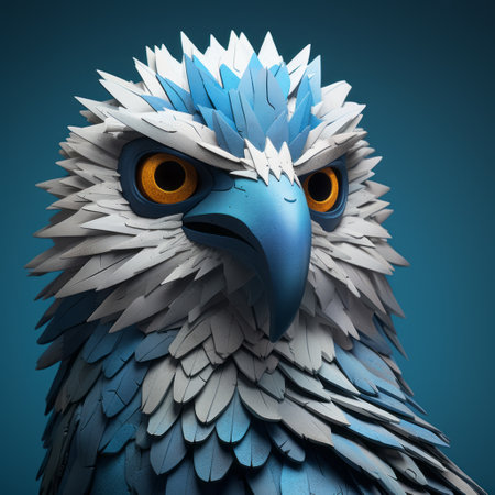 the photo showcases a striking eagle head, set against a vibrant blue backdrop. created using the artistic techniques of zbrush and cinema4d, this inventive character design features bold impasto textures. the simplistic yet captivating characters are rendered with hyper-realistic precision, utilizing the power of maya. ai generatedの素材