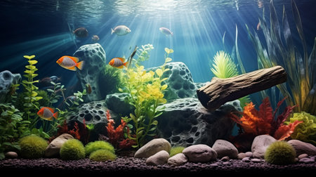 colorful fish swim gracefully in an aquarium filled with vibrant plants, creating a mesmerizing scene. the smokey background adds a touch of mystery, while the precision and detail-oriented composition of this associated press photo capture the beauty of this underwater world. the luxurious wall hangings and spectacular backdrops enhance the visual appeal of this 3840x2160 image. ai generatedの素材