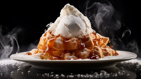 a waffle sits atop a scoop of ice cream, surrounded by billowing smoke. this photo captures the essence of voluminous forms and motion blur, reminiscent of the artistic style of salvator rosa. the image showcases polished craftsmanship and an elaborate presentation, reminiscent of the highly detailed works of the brothers hildebrandt. ai generatedの素材