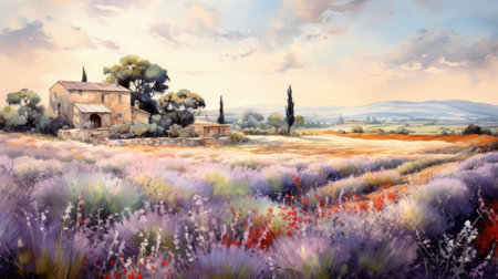 the artist captures the enchanting allure of lavender fields in a vibrant ink wash painting. inspired by the styles of genndy tartakovsky, patrick brown, and guido borelli da caluso, this artwork showcases a harmonious blend of light turquoise and light red hues. with its high resolution, the painting exudes a captivating combination of light gold and purple tones. ai generatedの素材