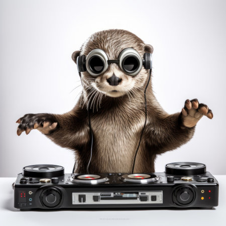 an otter, inspired by the artistic styles of dimitry roulland and john wilhelm, is captured in a playful expression. the high-resolution image showcases the otter holding headphones and a turntable, exuding a wildstyle vibe. with iso 200, the otter's shiny eyes add a captivating touch to this visually stunning photograph. ai generatedの素材