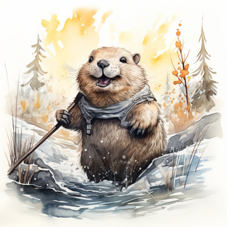 a toad gracefully strolls through a snowy landscape in this captivating cartoon illustration. created in the style of watercolor landscapes, the image exudes an adventurous pulp vibe with its golden light and detailed hunting scenes. the flowing brushwork adds depth and movement to the overall illustration, making it a visually stunning piece. ai generatedの素材
