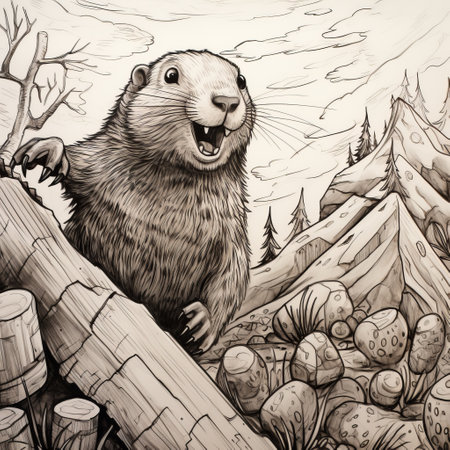 a white groundhog sketch with a red paw, showcasing highly detailed environments reminiscent of golden age illustrations by artists such as dan mumford and asher brown durand. the sketch draws inspiration from black and white etchings, combining cartoonish humor with breathtaking mountainous vistas. ai generatedの素材