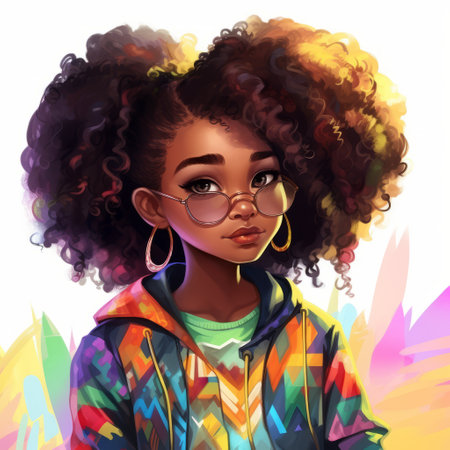 an african girl, adorned in vibrant glasses and a colorful jacket, exudes a captivating style reminiscent of artgerm, lit kid, and afro-colombian themes. this visually striking image combines elements of michael malm's artistry, showcasing a cute and colorful aesthetic. the girl's raw character is reminiscent of the works of jessie arms botke, resulting in a truly captivating portrayal. ai generatedの素材