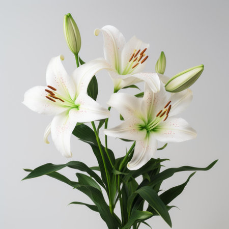 white lily flower isolated on a silver background, featuring a symmetrical arrangement in the style of lilia alvarado. this indoor still life photograph by casey baugh captures the vibrant colors of the flower. the uhd image showcases the intricate details, while the influence of tsuchiya koitsu's art can be seen in the composition. ai generatedの素材