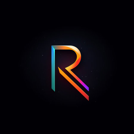 the photo features a mesmerizing rainbow letter "r" in an orange hue, designed in the captivating style of hyperspace noir. set against a matte background, the innovative page design by ruan jia showcases subtle color gradations in dark teal and light magenta, creating a striking technological aesthetic. ai generatedの素材
