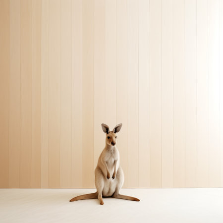 white kangaroo sitting in an empty room with wooden planks, showcasing a color field minimalism style. the photograph captures the kangaroo in light orange and light bronze tones, with detailed portraitures and layered gestures. shot using a mamiya rb67 camera, the image highlights patterned surfaces and embraces an anti-clutter aesthetic, reflecting minimalist designs. ai generatedの素材