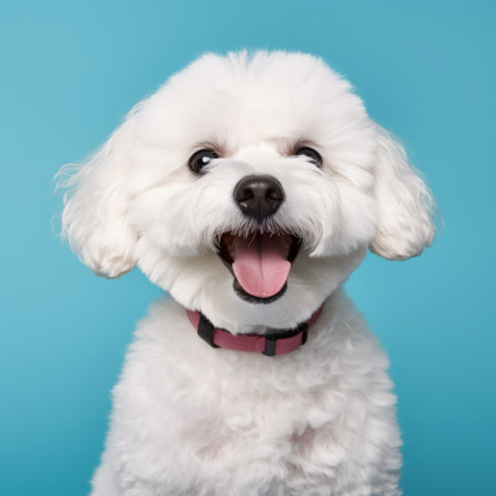 small dog with open mouth and red collar poses against a bright blue background. the portrait, captured with a tokina at-x 11-16mm f/2.8 pro dx ii lens, showcases photo-realistic techniques. the image features a light teal and light pink color scheme, with ivory, white, and navy accents. the rounded composition and monochromatic color scheme add to the overall aesthetic. ai generatedの素材