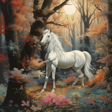 a white horse stands gracefully amidst the vibrant colors of an autumn forest. this stunning photograph captures the essence of victorian-inspired illustrations with its accurate and detailed depiction. the illuminated visions and chromatic purity bring the scene to life in mesmerizing 8k resolution. the hyperrealistic murals and detailed character illustrations make this photo a true work of art. ai generatedの素材
