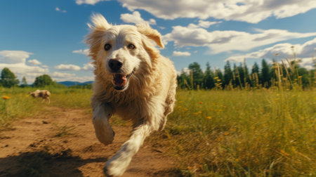 a dog running in a sunlit field, captured in a colorized and dynamic style with exaggerated facial expressions. the photograph showcases a light beige and teal color palette, giving it an adventurous theme. the portraitures are photographically detailed, with a texture-based approach. the image has a vibrant and realistic quality, enhanced by the use of rtx technology. ai generatedの素材