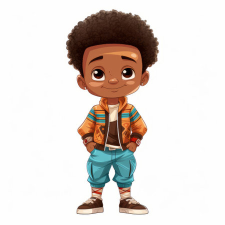 the boo character, a youthful protagonist in a cartoon, embodies the exploration of hip-hop culture with afro-colombian themes. with a light brown and orange color palette, this character exudes child-like innocence. the stylish costume design adds to their handsome appearance. ai generatedの素材