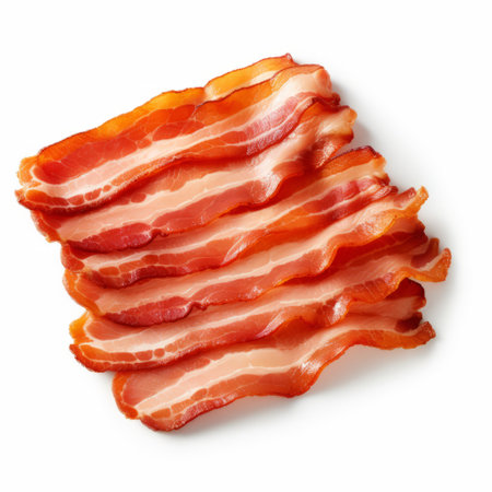 slices of bacon arranged on a white background, showcasing layered imagery with a touch of irony. this webcore-inspired photo captures the unpolished authenticity of the subject, with slumped and draped bacon slices creating a wavy effect. the composition exudes a jamcore aesthetic, reminiscent of the artistic style of les nabis. ai generatedの素材