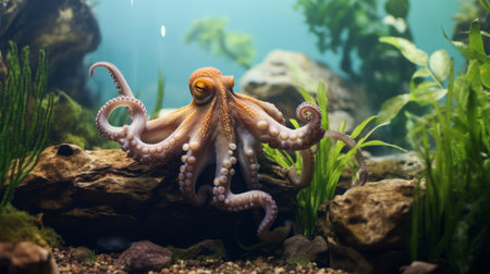 an octopus gracefully swims and rolls in an aquarium, captured in a photorealistic rendering. the nature-inspired scene showcases soft-focus elements and meticulously detailed features. the spectacular backdrops add depth to this quantumpunk-inspired wildlife photography. ai generatedの素材