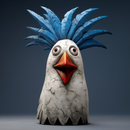 a statue of a comical caricature chicken with blue feathers, created in the style of expressive character design. this unique sculpture, made of concrete, showcases the artist's expertise in object portraiture. with its spiky mounds and folk-inspired elements, this whimsical artwork is a true standout. ai generatedの素材