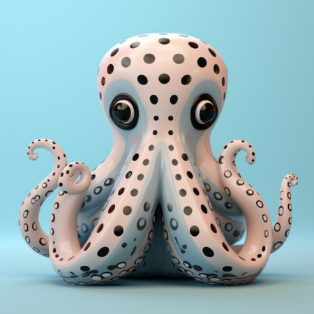 an octopus 3d model preview no 5, featuring a pop art cartoonish illustration in the style of dark white and sky-blue. the image showcases bold shapes with a low depth of field, creating a dotted effect. captured with a fisheye lens, this unique and eye-catching photo is available on flickr. ai generatedの素材