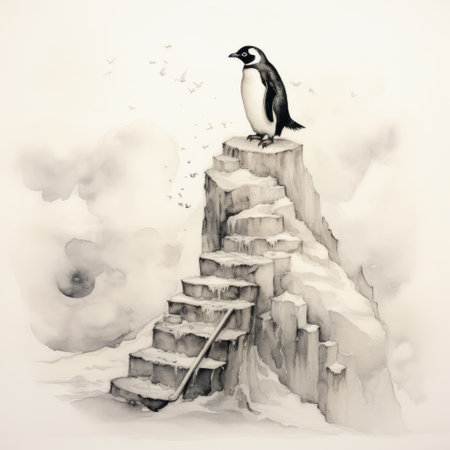 a penguin stands atop a staircase in an icy field, reminiscent of john tomkinson's 1848 painting. this minimalist ink wash style photograph captures elements of photorealistic surrealism, fairy tale illustrations, and isolated landscapes. the illustration showcases masterful composition, evoking emotional naturalism. ai generatedの素材