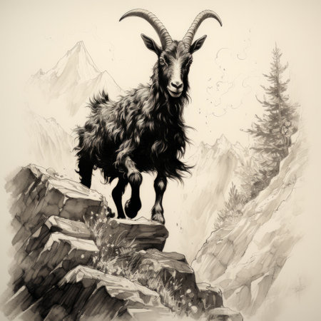 a black and white drawing of a sheep standing atop a rock, showcasing realistic fantasy artwork. this high-resolution image in 8k resolution captures the essence of adventure pulp with its detailed character design. the dappled brushwork adds depth and texture to the image, while the influence of persian miniature art gives it a unique charm. perfect for fans of changelingcore aesthetics. ai generatedの素材
