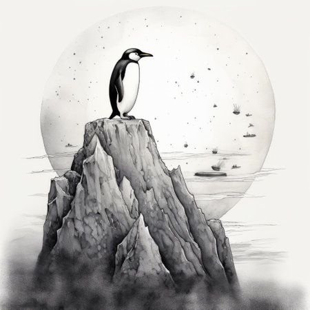 a penguin sketch by robert stolz, featuring surreal collage landscapes and simplistic vector art in the style of stephanie pui-mun law. this uhd image showcases monochromatic ink wash and digitally enhanced details, creating romantic moonlit seascapes. ai generatedの素材