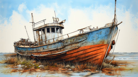 an old drawing of a boat recharging on open water, showcasing decay and decayed elements. the artwork features a combination of light blue and orange hues, creating a unique visual contrast. the drawing is done in a hyperrealistic style, capturing the intricate details of wildlife and marine scenes. the composition is reminiscent of photographically detailed portraitures, with a resolution of 3840x2160. ai generatedの素材