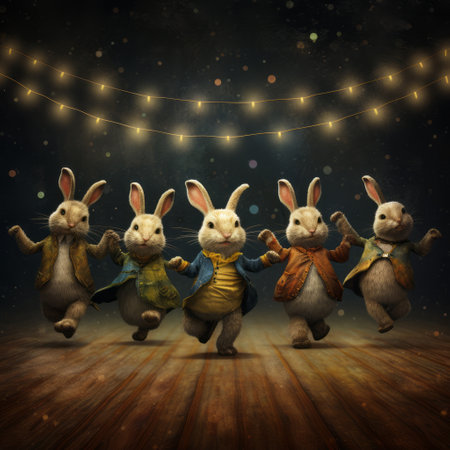 three little rabbits, dressed in adorable costumes, are captured dancing on a stage in this uhd image. the realistic depiction of light, enhanced through vray tracing, adds depth to the charming character illustrations. inspired by folklore and influenced by the young british artists (ybas), this digitally enhanced photo showcases a delightful scene. ai generatedの素材
