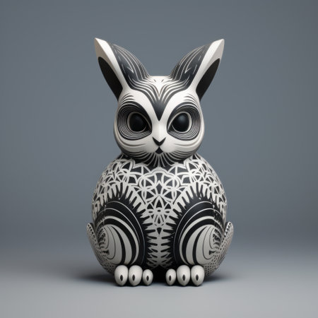 a 3d printed rabbit figurine featuring geometric decorations in the style of peter coulson, chris dyer, dark white, and dark gray. this traditional mexican-inspired design showcases intricate details and is rendered using vray. the figurine draws inspiration from louis wain's artwork and incorporates spherical sculptures. ai generatedの素材