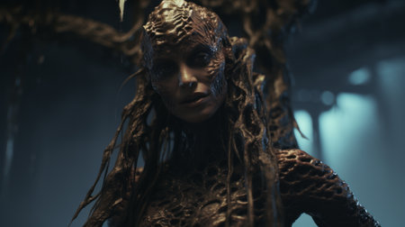 a person with long dreadlocks, wearing a headband and a glove, is depicted in this photo. the image is created in the style of unreal engine 5, showcasing twisted branches and a grotesque beauty. the close-up shots highlight the marine biology-inspired elements. the photo is captured using a voigtlander bessa r2m camera, with wet-on-wet blending techniques employed. ai generatedの素材