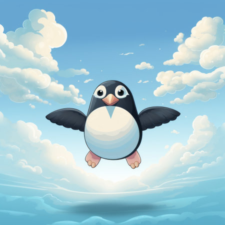 a colorful cartoon penguin is seen flying gracefully over fluffy clouds. this detailed character illustration showcases soft and rounded forms, with a touch of magewave and heavy shading for a highly realistic effect. the penguin's color palette consists of light black and sky-blue, creating a captivating and vibrant illustration. ai generatedの素材
