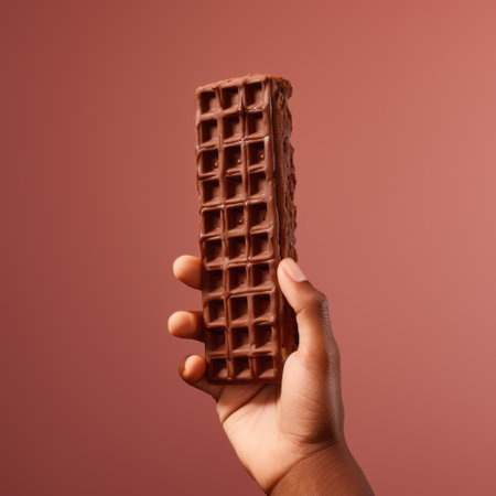 a waffle bar, held in hand, is showcased on a vibrant pink background with a gradient effect. the dark brown, sculptural form of the waffle bar stands out, reminiscent of the artistic styles of david sims and gediminas pranckevicius. the close-up shots capture the elongated and industrial design of this delectable treat. ai generatedの素材