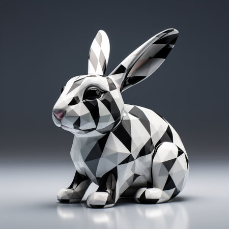 a 3d polygon bunny sculpture with a high contrast black and white style. the bunny has a glossy finish and is created using vray tracing technology. the sculpture showcases a precisionist style with mixed patterns, incorporating silver elements. this artwork serves as a consumer culture critique. ai generatedの素材