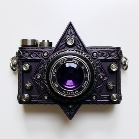 a camera featuring a unique blend of stars, metal, and leather, designed in a captivating dark violet and dark emerald color scheme. this monochromatic sculptor showcases a magipunk aesthetic with classical symmetry. crafted with precisionist style, the camera is made from resin and boasts a distinctive shaped canvas. ai generatedの素材
