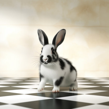 a 3d rabbit is depicted sitting on a checkered flooring, showcasing a captivating visual storytelling. the artwork, created in the style of dark white and light black, utilizes photo-realistic techniques to bring the rabbit to life. the patterned surfaces add depth and interest to the composition. this stunning piece is composed by the talented artist charles spencelayh. ai generatedの素材