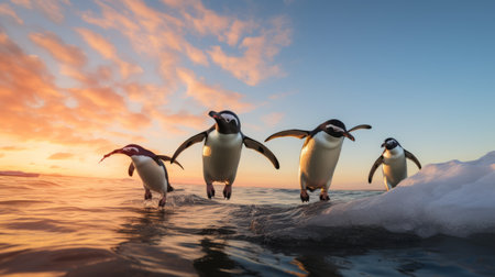 penguins gracefully leaping on an ice sheet at sunset, captured through a wide-angle lens. this photo showcases a pop-culture-infused, light-filled seascape, reminiscent of movie stills. the image beautifully combines elements of ocean academia and characterful animal portraits, creating a captivating visual experience. ai generatedの素材