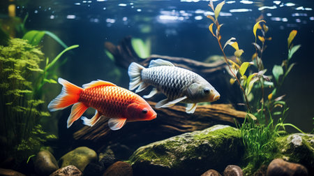 two fish gracefully swim in a shallow aquarium container, showcasing their vibrant colors of light red and gold. the immersive scene is enhanced by the contrasting hues of dark cyan and green. these characterized animals create a visually striking display, influenced by the precisionism art style. the image is captured with the use of rtx technology, resulting in a kimoicore visual experience. ai generatedの素材